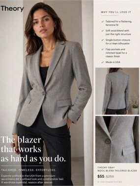 Theory Gray Wool-Blend Tailored Blazer – Made in USA – Size 8
